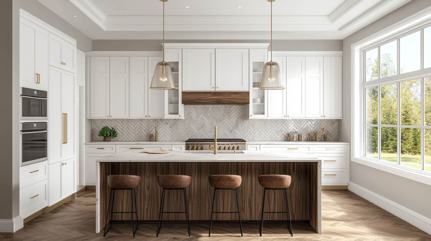 White cabinet with walnut kitchen islands