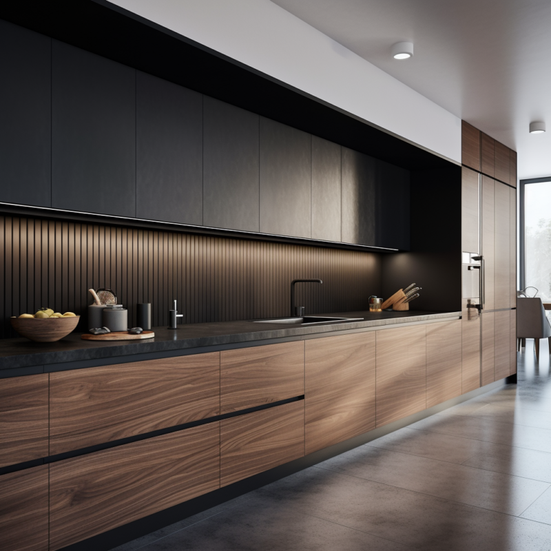 modern walnut kitchen cabinet with matte black cabinets