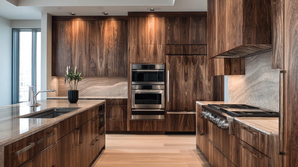 Modern Black Walnut Kitchen Cabinets: A Bold Statement in Luxury Black Walnut Kitchen cabinets with marble countertop and backsplash
