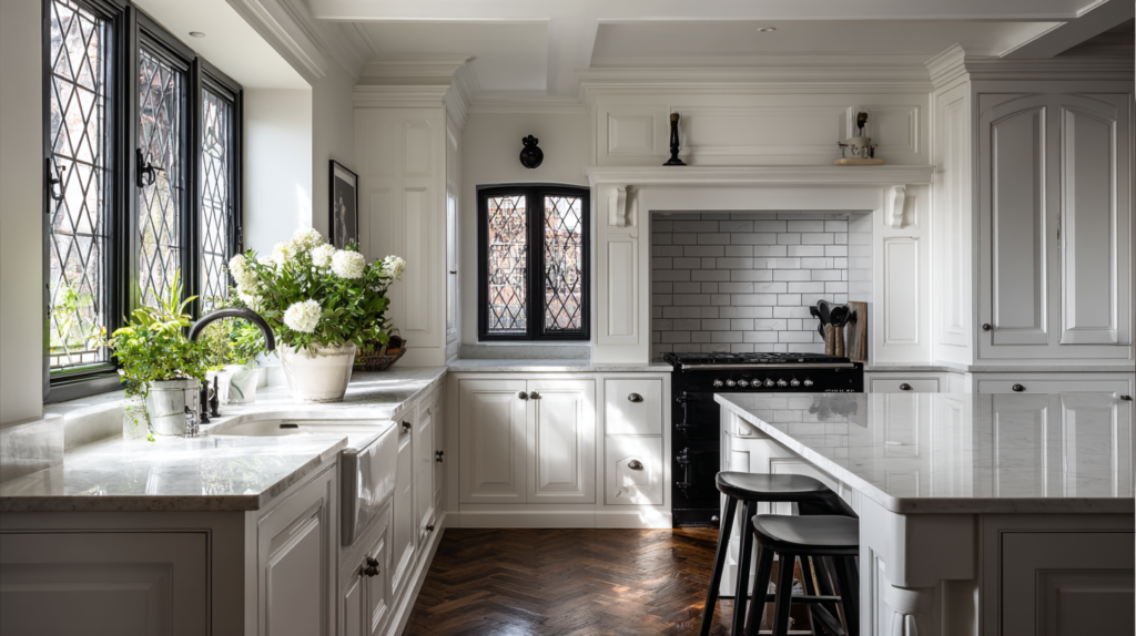 A Timeless Combination: Farmhouse White Kitchen Cabinets and Black Hardware (2026 Design Guide) Classic English Country Farmhouse White kitchen with Black Hardware