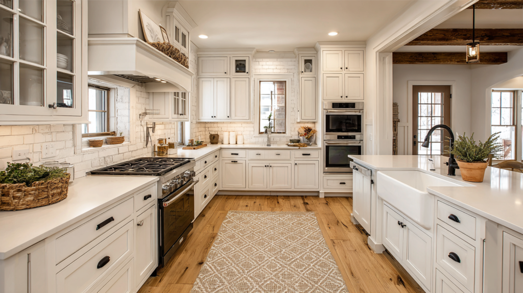 A Timeless Combination: Farmhouse White Kitchen Cabinets and Black Hardware (2026 Design Guide) Farmhouse White Kitchen Cabinets with Black Hardware and glass wall cabinet