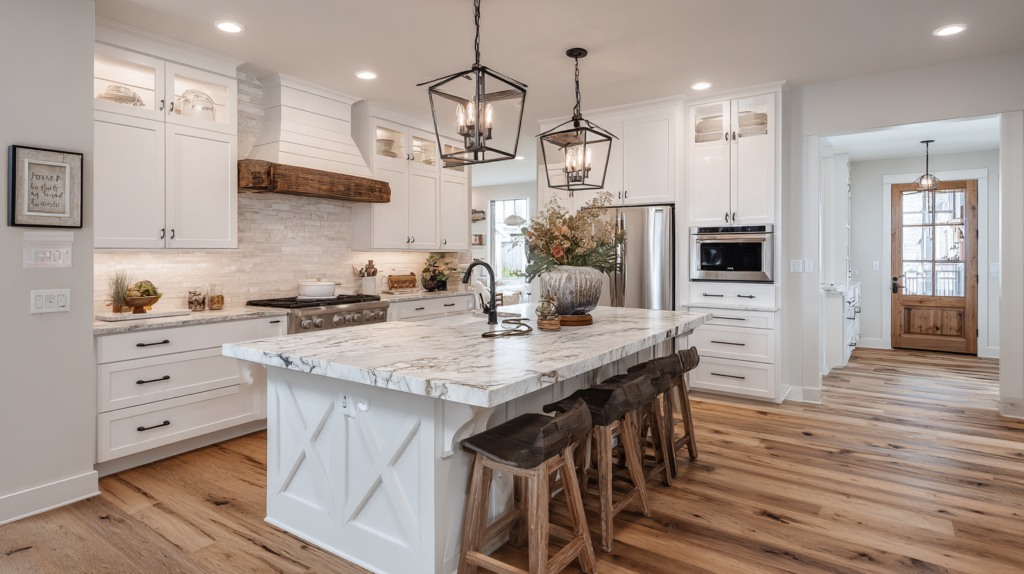 A Timeless Combination: Farmhouse White Kitchen Cabinets and Black Hardware (2026 Design Guide) Farmhouse White Kitchen Cabinets with Black Hardware and oak floor and oak flooring
