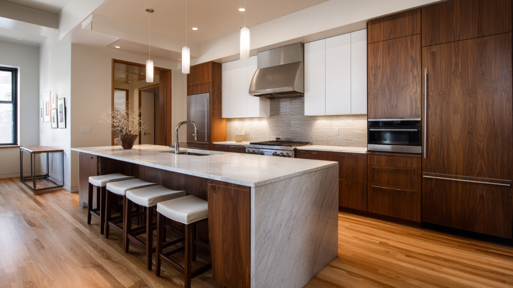 Flat Panel Walnut Kitchen Cabinets: Classic Craftsmanship Flat Panel Walnut Kitchen Cabinets with white countertops
