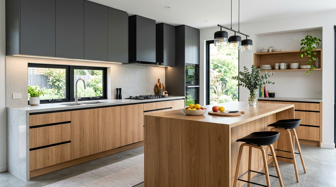 Contemporary Kitchen Cabinets: Custom Design Meets Modern Living The base units of these contemporary kitchen cabinets feature a natural wood grain, while the upper units are finished in a satin deep gray.