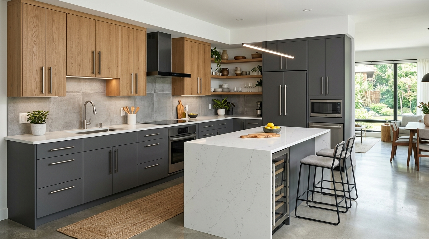 Contemporary Kitchen Cabinets: Custom Design Meets Modern Living Contemporary kitchen cabinets features tubular bar pull handles