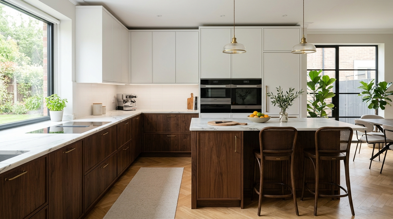 Contemporary Kitchen Cabinets: Custom Design Meets Modern Living Contemporary kitchen cabinets, featuring white upper cabinets and dark wood lower cabinets.