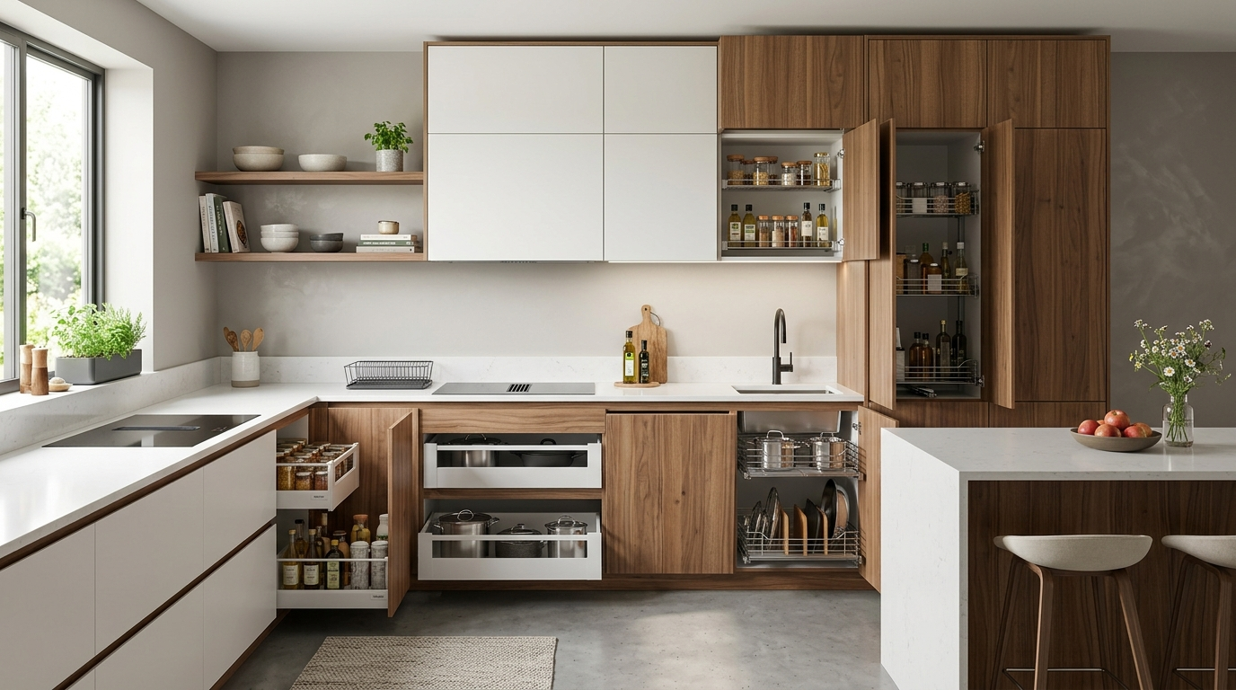 Contemporary Kitchen Cabinets: Custom Design Meets Modern Living The white contemporary kitchen cabinets feature integrated storage solutions.