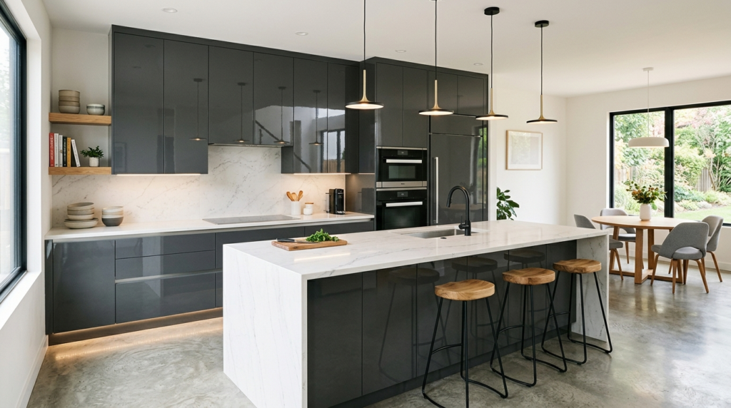 Contemporary Kitchen Cabinets: Custom Design Meets Modern Living High gloss contemporary kitchen cabinets in a deep grey tone.