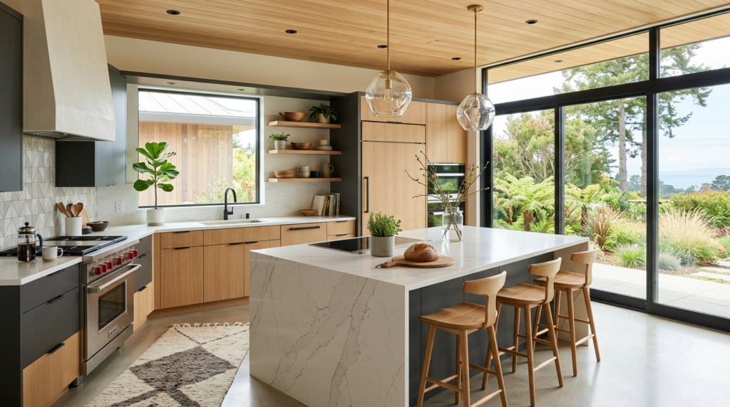 Contemporary Kitchen Cabinets: Custom Design Meets Modern Living A contemporary kitchen cabinet design that blends modern aesthetics with natural warmth.