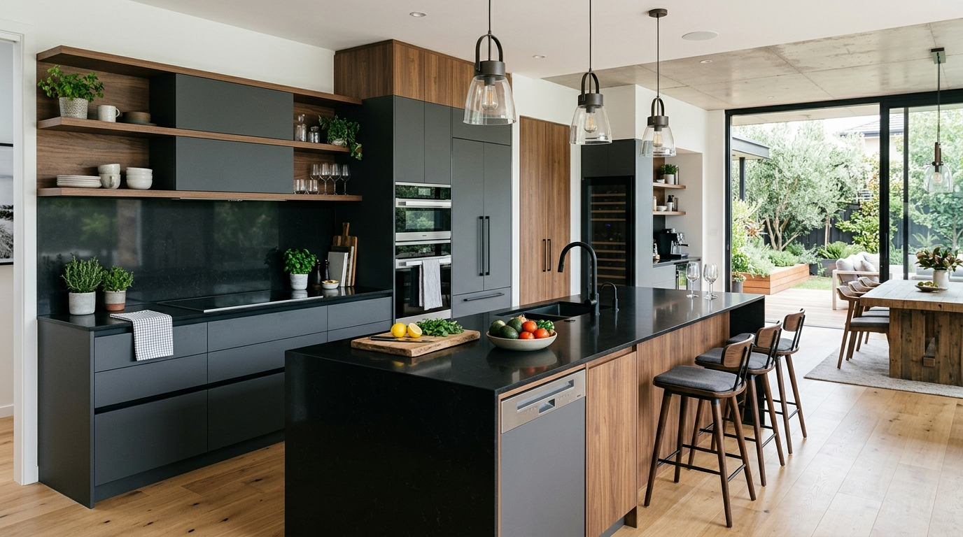 Contemporary Kitchen Cabinets: Custom Design Meets Modern Living Contemporary Kitchen Cabinets: A perfect blend of matte dark gray and natural walnut.