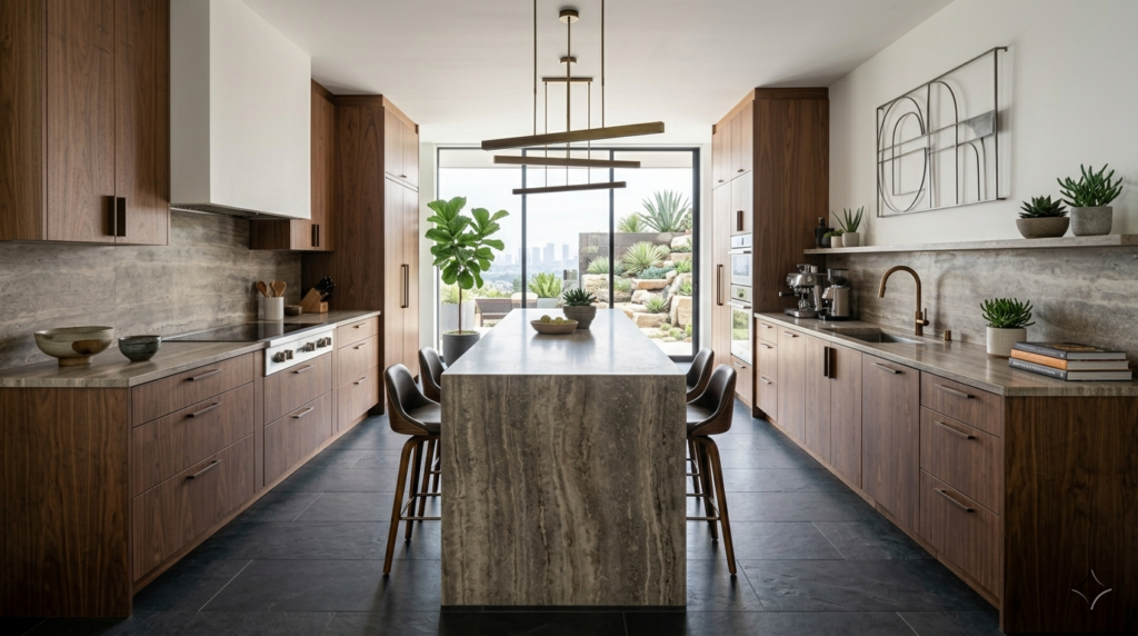 Bespoke Kitchen Cabinets: Tailored Cabinetry Built Around You The modern bespoke kitchen cabinets featuring natural walnut finish pair with striking travertine marble waterfall island.
