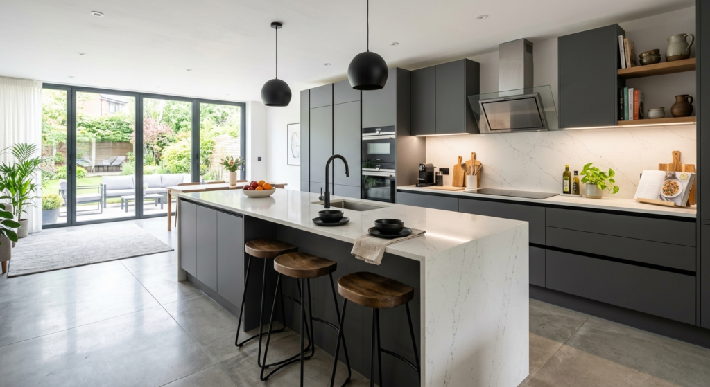 Bespoke Kitchen Cabinets: Tailored Cabinetry Built Around You Modern bespoke kitchen cabinets in a dark grey finish pair with a white waterfall island.