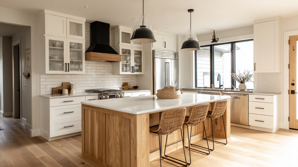 A Timeless Combination: Farmhouse White Kitchen Cabinets and Black Hardware (2026 Design Guide) Modern Farmhouse Shaker cabinets with slim matte black bar pulls and large natural oak island