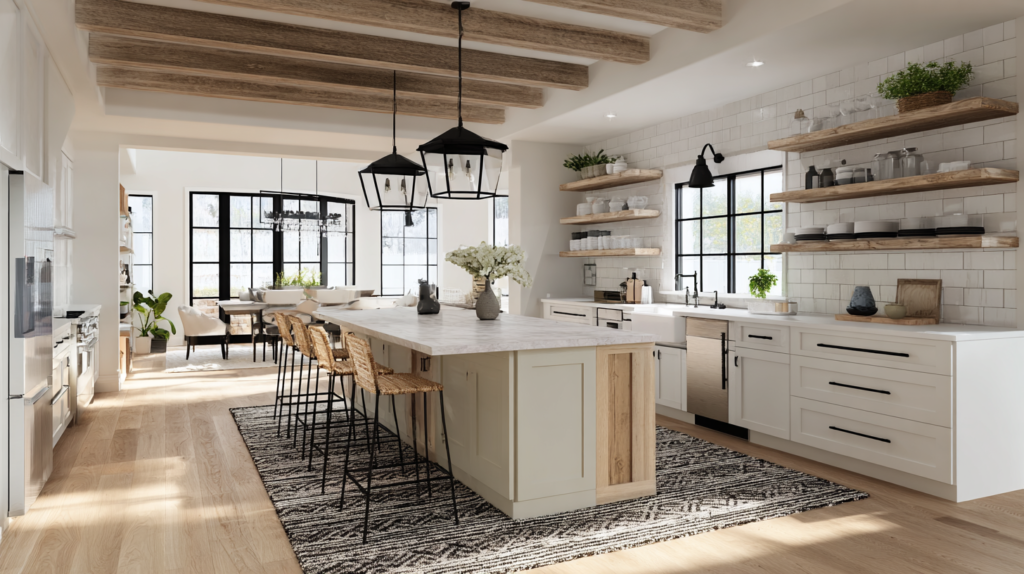 A Timeless Combination: Farmhouse White Kitchen Cabinets and Black Hardware (2026 Design Guide) Modern Farmhouse White Kitchen Cabinets and Black Hardware and Wooden Open shelving
