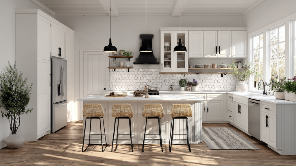 A Timeless Combination: Farmhouse White Kitchen Cabinets and Black Hardware (2026 Design Guide) Scandinavian-Farmhouse White kitchen with Black Hardware