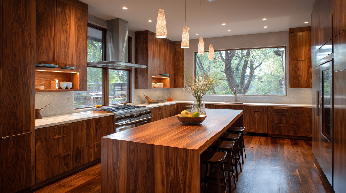 Sophisticated Walnut Slab Kitchen Cabinets