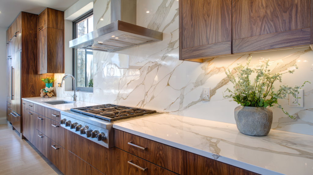 Sophisticated Walnut Slab Kitchen Cabinets: Style & Substance Walnut Slab Cabinets with marble countertop and backsplash