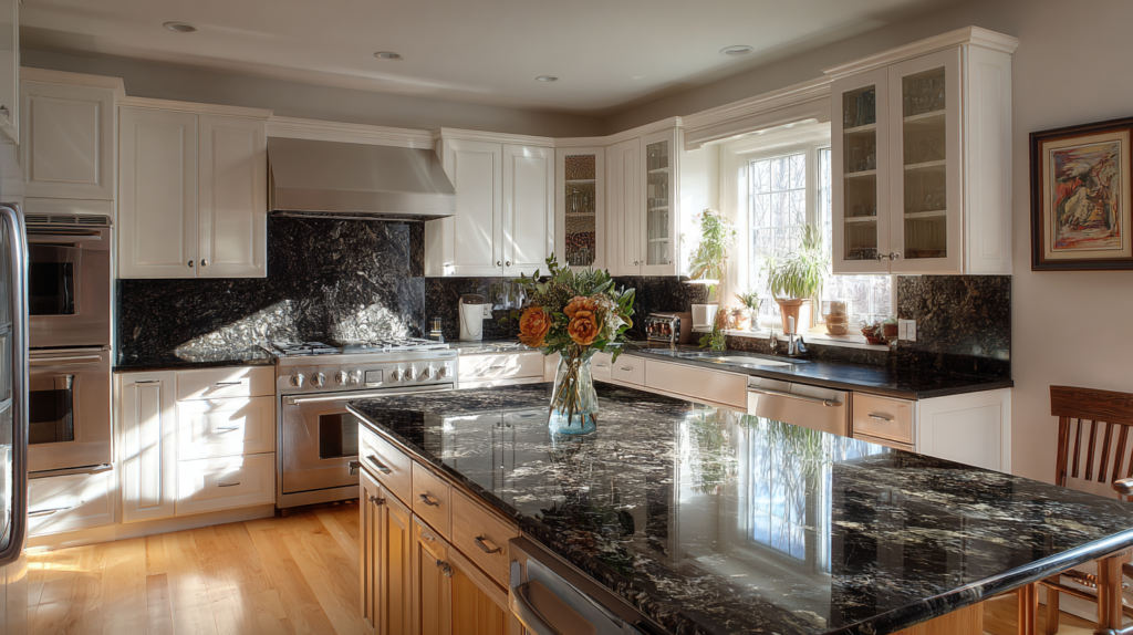 What Color Cabinets with Black Granite Countertops? 6 Designer-Picked Pairings for 2026 transition white kitchen cabinets with Black Granite Countertops and wooden island