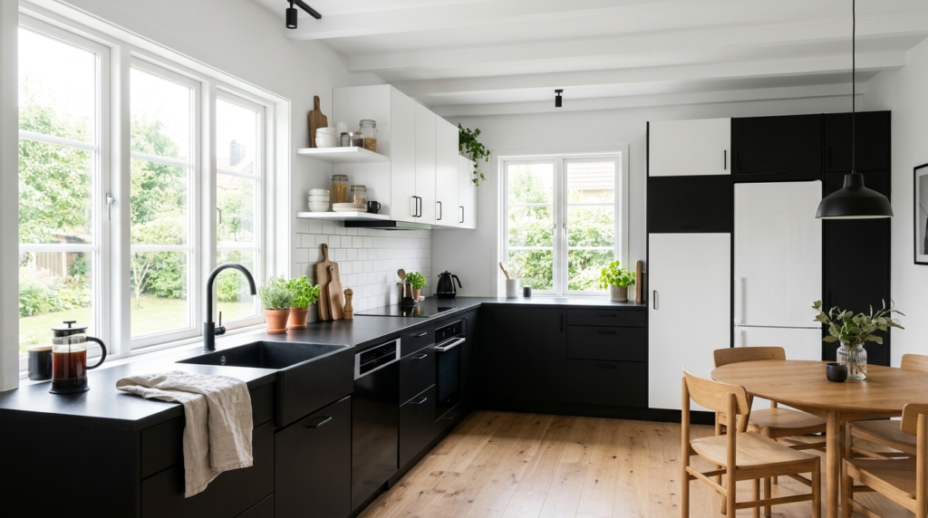 Black and White Kitchen Design Ideas: 20 Stunning Examples A Scandinavian style kitchen with black and white cabinets, white walls, black accents, natural wood flooring, simple functional layout, bright and airy atmosphere.