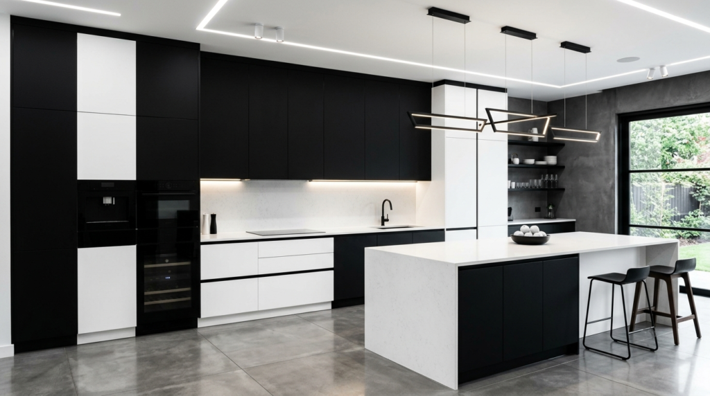 Black and White Kitchen Design Ideas: 20 Stunning Examples A bold contemporary kitchen featuring alternating black and white cabinetry, handleless design, minimalist surfaces, geometric composition, and modern architectural lighting.