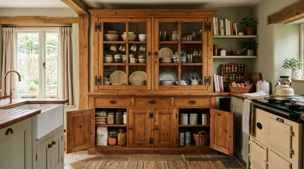Cupboard vs Cabinet: What Is the Real Difference? A classic wooden cupboard with paneled doors, freestanding design, and shelves for dishes and pantry storage in a cozy kitchen.