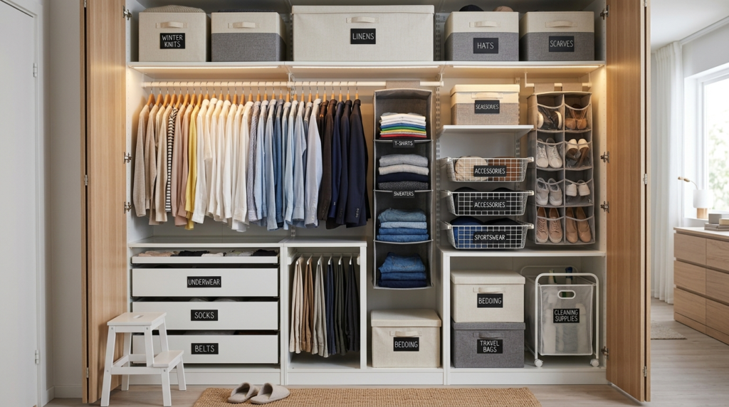 Best Way to Organize Your Closet: 15 Ideas That Actually Work A compact organized closet with labeled storage boxes, hanging organizers, folded clothes, and smart space-saving solutions.