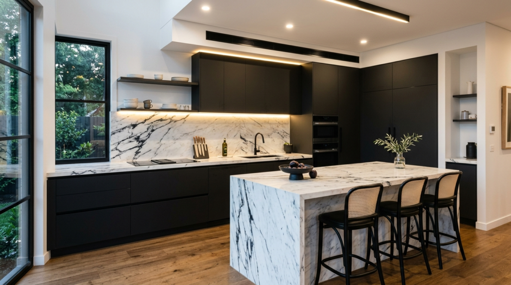 Black and White Kitchen Design Ideas: 20 Stunning Examples A luxury black and white kitchen with sleek flat-panel cabinets, black lower cabinetry, white marble countertops, integrated appliances, and soft ambient lighting.
