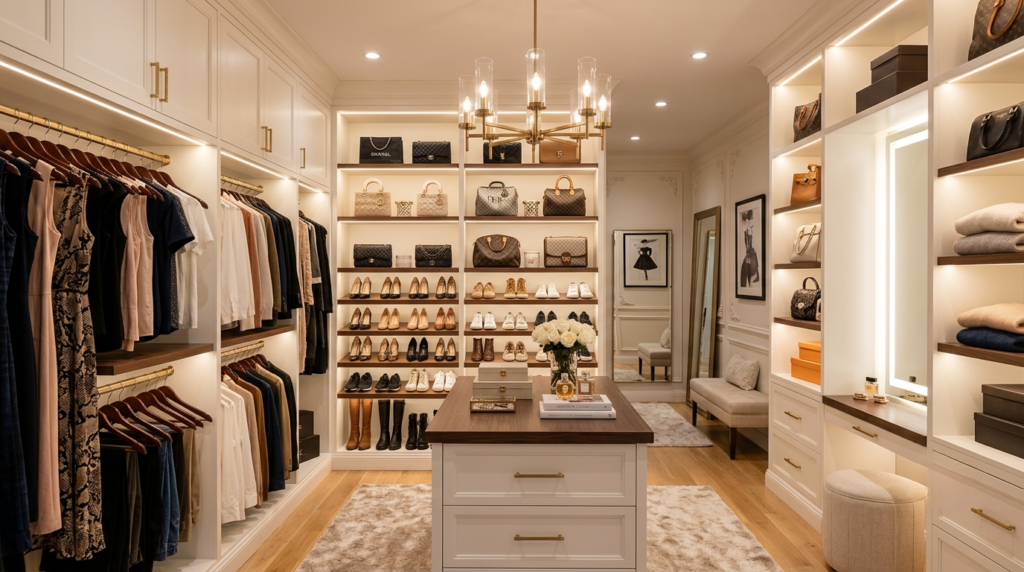 Best Way to Organize Your Closet: 15 Ideas That Actually Work A luxury walk-in closet with neatly arranged handbags, shoes, hanging clothes, soft lighting, and elegant built-in shelving.