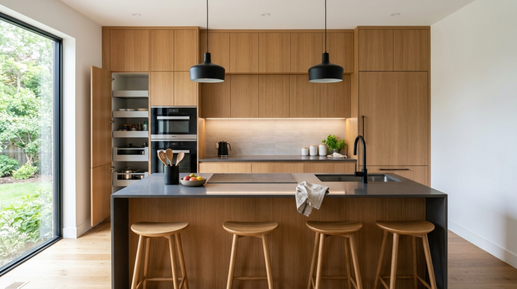 Cupboard vs Cabinet: What Is the Real Difference? A modern kitchen with sleek built-in cabinets, minimalist flat-panel doors, integrated storage, and clean contemporary styling.