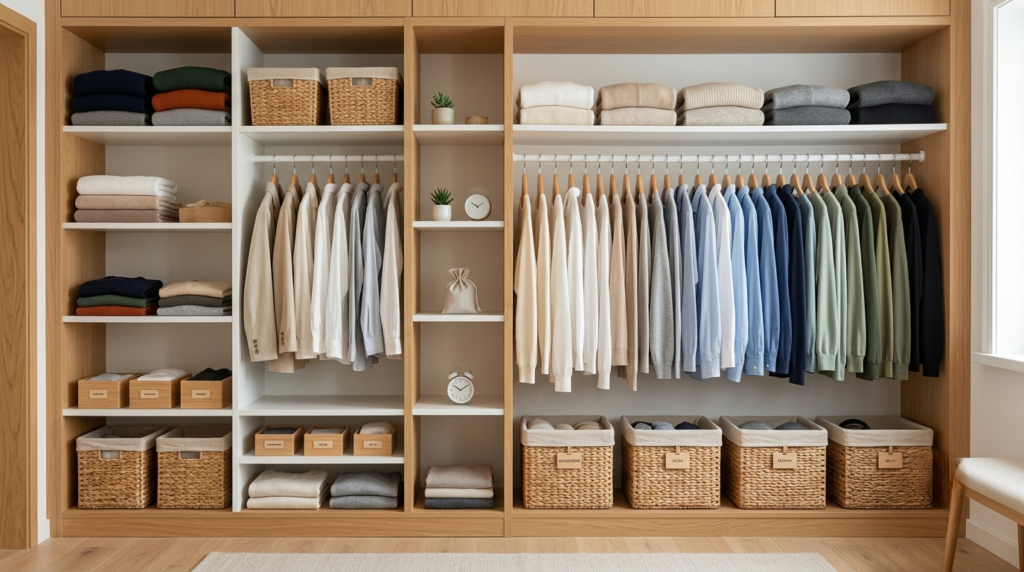 Best Way to Organize Your Closet: 15 Ideas That Actually Work A neatly organized wardrobe with folded sweaters, color-coordinated clothing, woven storage baskets, and clean minimalist styling.