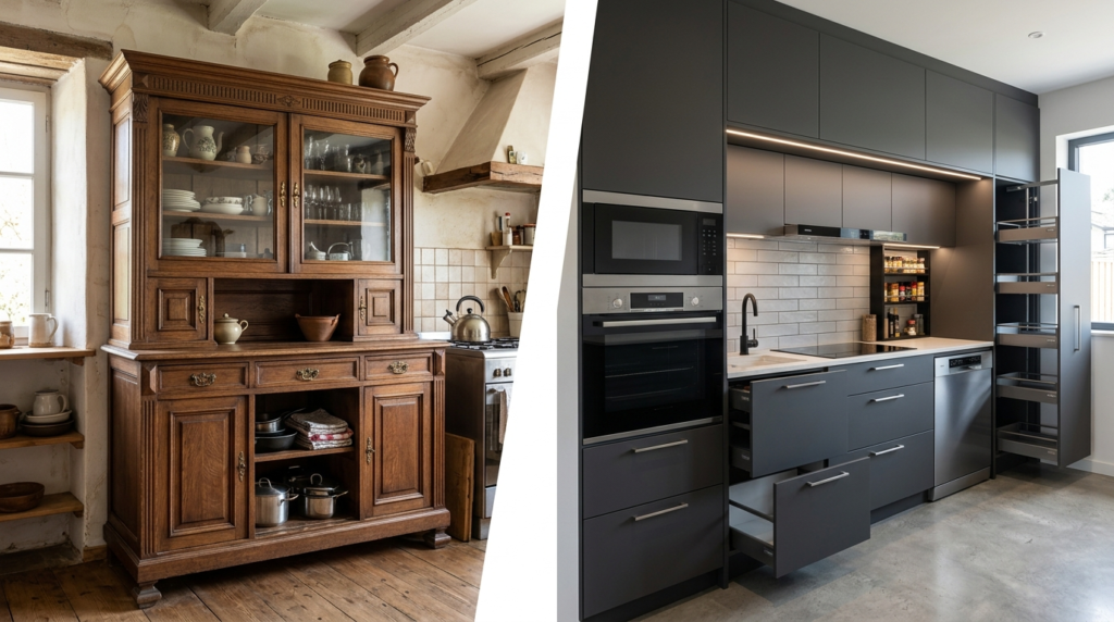 Cupboard vs Cabinet: What Is the Real Difference? A side-by-side comparison of a traditional wooden cupboard and modern built-in kitchen cabinets, highlighting differences in design and function.
