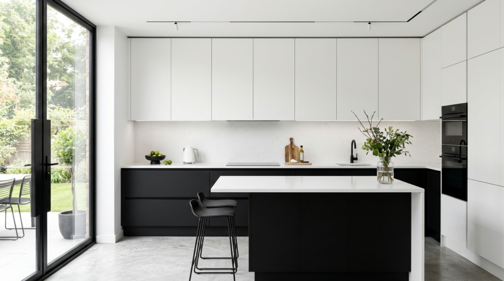 Black and White Kitchen Design Ideas: 20 Stunning Examples Black and white kitchen cabinets in a modern minimalist kitchen, high contrast design, matte black lower cabinets, white upper cabinets, clean lines, natural light, elegant and balanced interior.