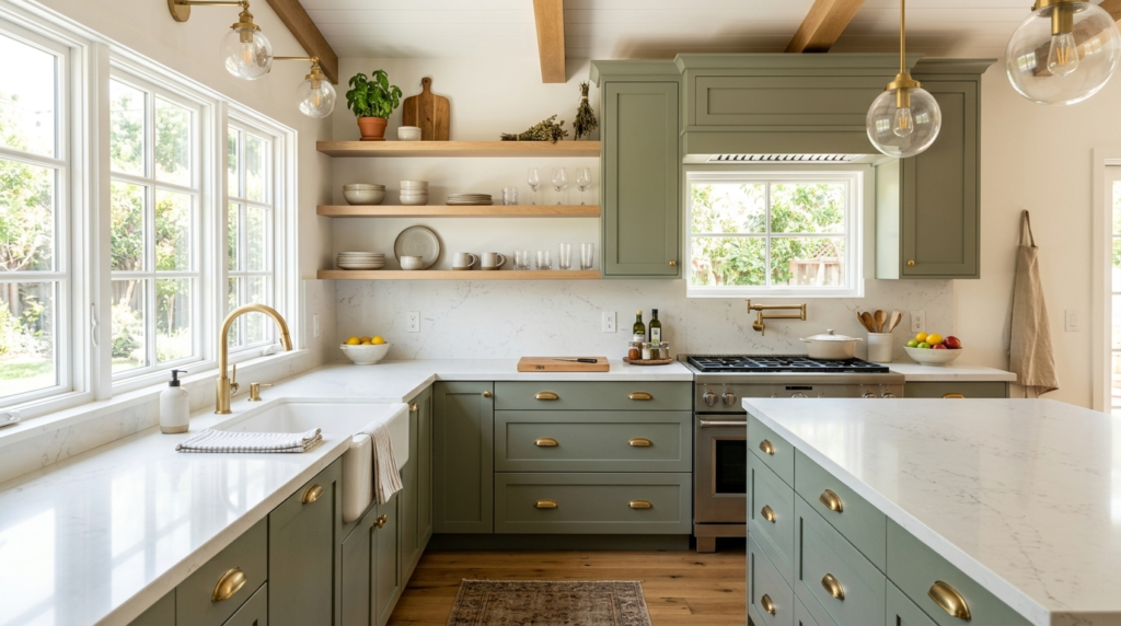 Rustic Sage Green Kitchen Cabinets: The Ultimate Design Guide Bright kitchen with sage green cabinets, white quartz countertops, white oak shelving, brass hardware, and warm natural light.
