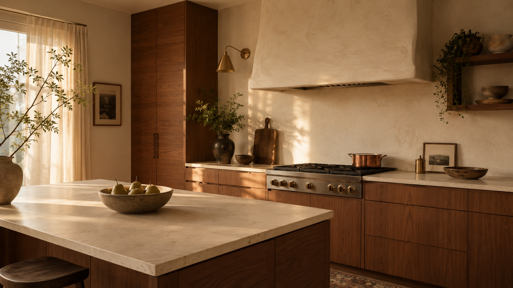 Flat Panel Kitchen Cabinets for a Modern, Minimalist Look A warm contemporary kitchen with walnut flat panel cabinets, cream stone countertops