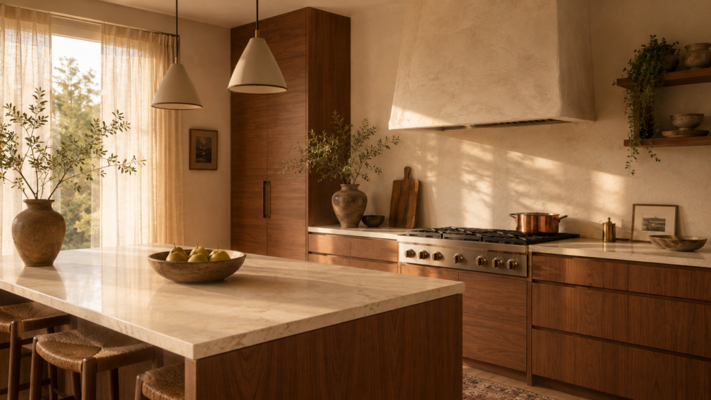 Walnut Kitchen Cabinets Pros and Cons Sleek walnut kitchen cabinets paired with warm white marble countertops and backsplashes.