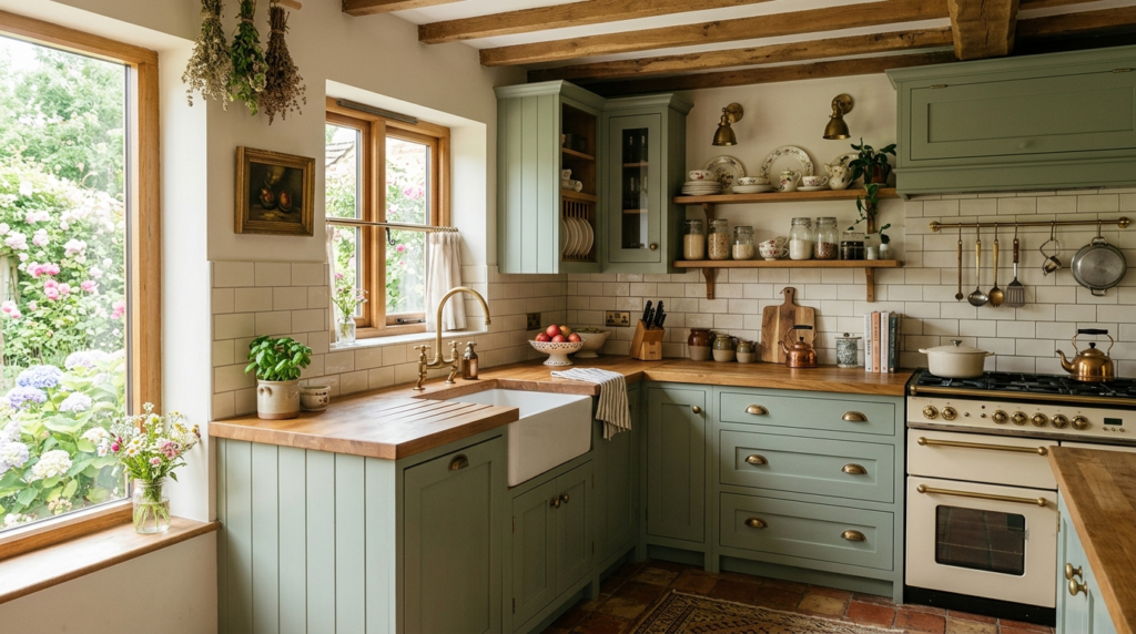 Rustic Sage Green Kitchen Cabinets: The Ultimate Design Guide Cozy cottage kitchen with sage green shaker cabinets, butcher block counters, subway tile backsplash, and vintage brass fixtures.