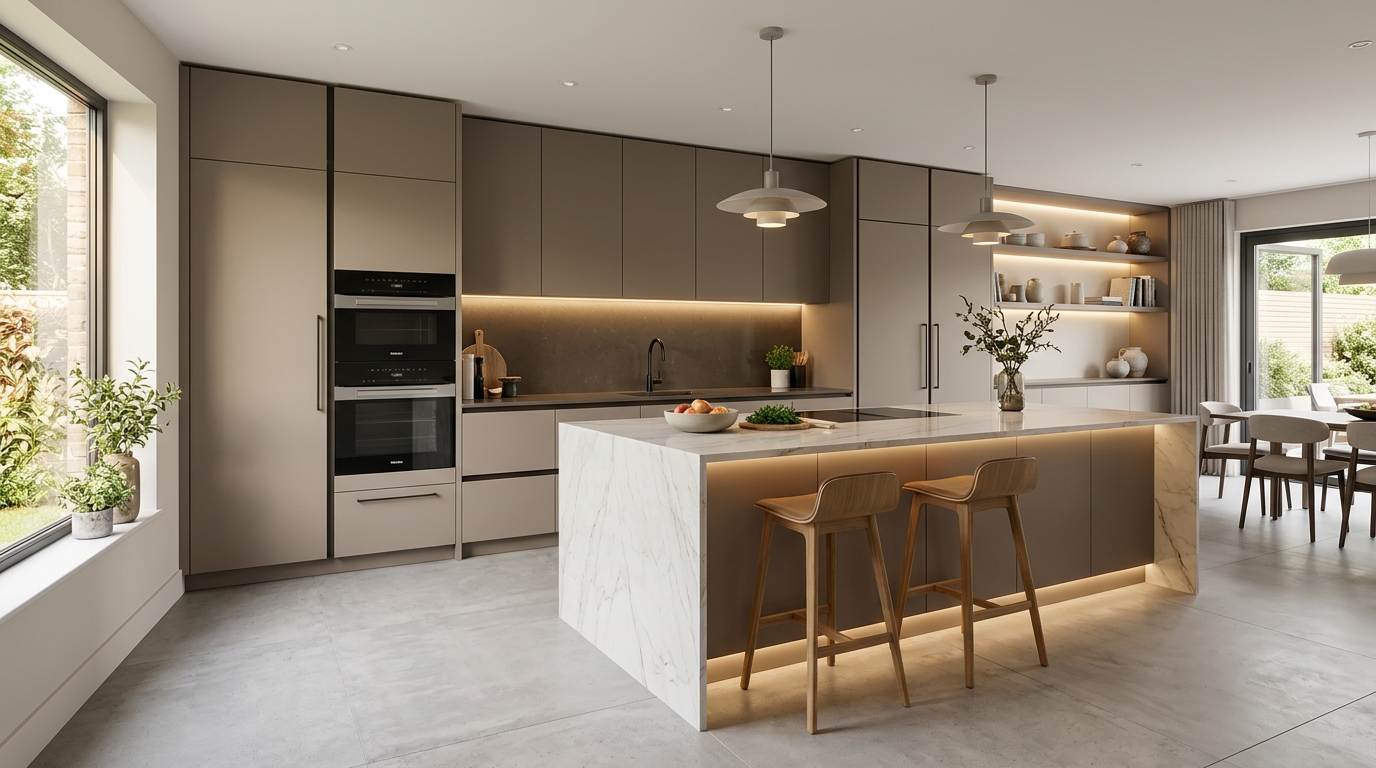 Designer Kitchen Cabinets, Made to Your Kitchen Designer handleless kitchen cabinets in matte taupe with seamless doors, a waterfall island, and integrated lighting.