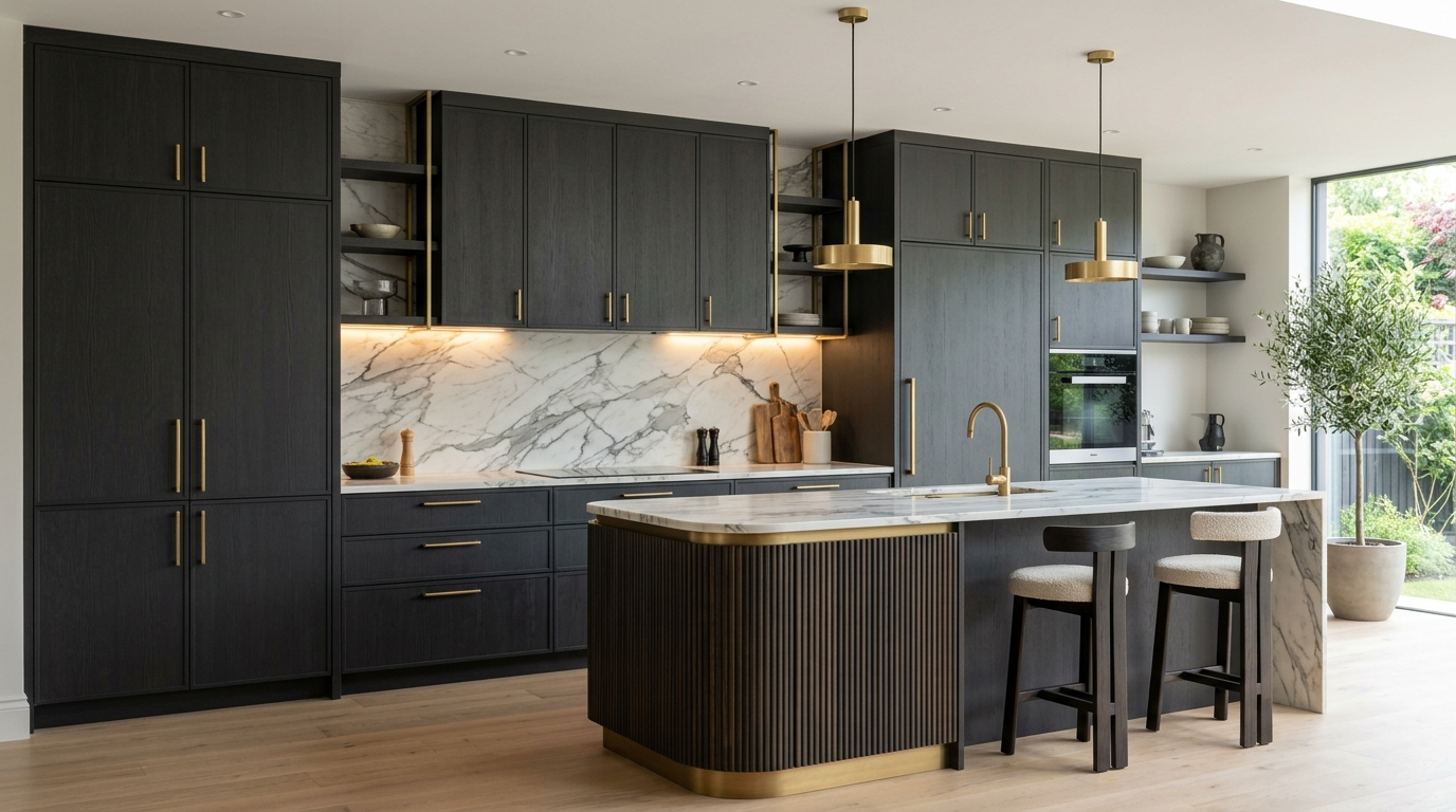 Designer Kitchen Cabinets, Made to Your Kitchen Designer kitchen cabinets with bespoke sizing and proportions, integrated lighting, and premium finishes in a modern luxury kitchen.