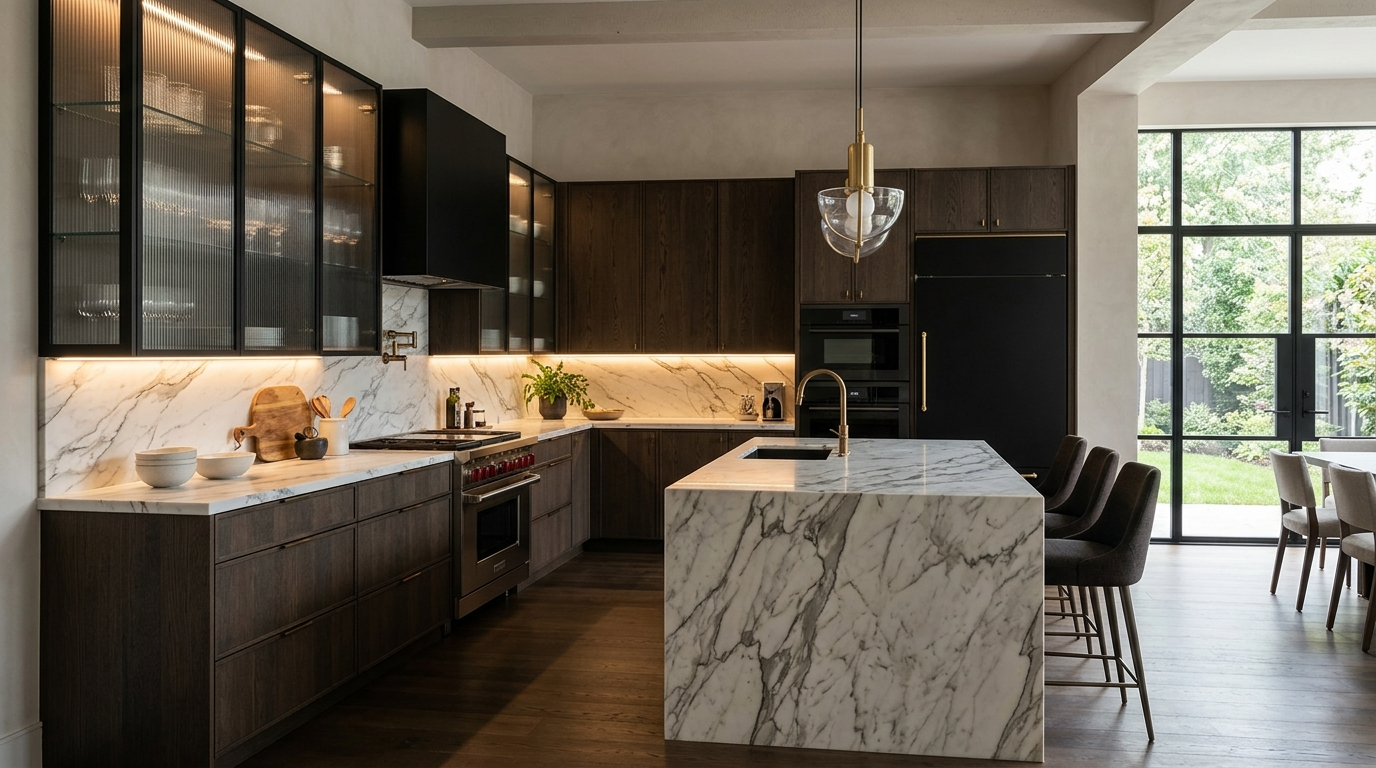 Designer Kitchen Cabinets, Made to Your Kitchen Designer kitchen cabinets with mixed-material fronts, integrated lighting, and premium stone surfaces in a modern luxury kitchen.