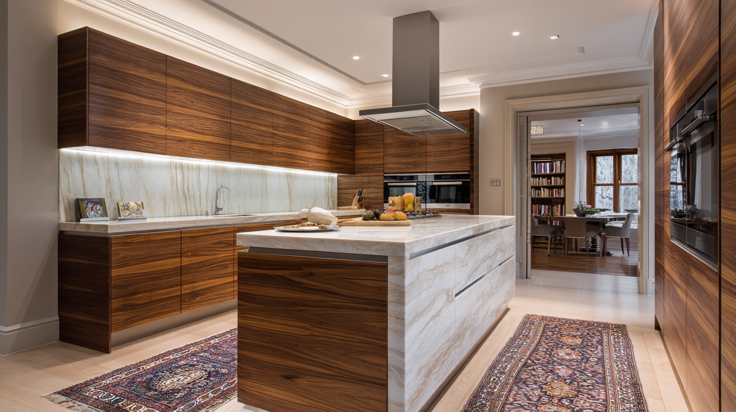 Exquisite Modern Walnut Kitchen Cabinets with marble countertop