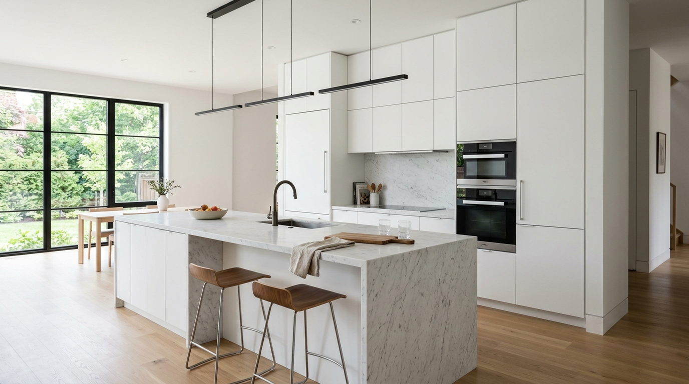 Designer Kitchen Cabinets, Made to Your Kitchen Flat-panel kitchen cabinets in matte white with clean lines, a marble island, and integrated appliances.