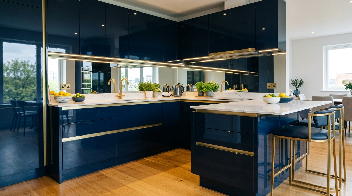 Handleless Kitchen Cabinets High gloss handleless kitchen cabinets in deep navy with continuous horizontal channel rails between drawers, brushed brass accents, a mirrored backsplash, and linear LED strips.