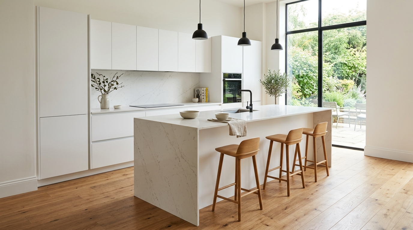 Handleless Kitchen Cabinets Sleek matte white handleless kitchen cabinets, push-to-open, have a perfectly smooth unbroken facade.