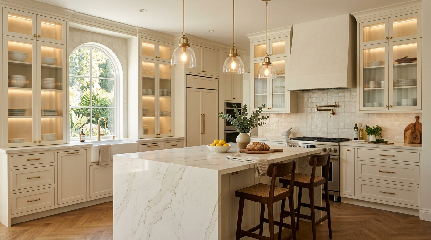 Italian Kitchen Cabinets Italian kitchen cabinets with fluted glass fronts, a quartz waterfall island, and warm ambient lighting.