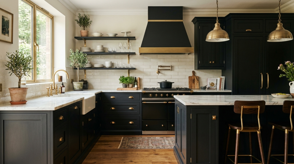 Classic Kitchen Cabinets Matte black classic kitchen cabinets with brushed brass accents
