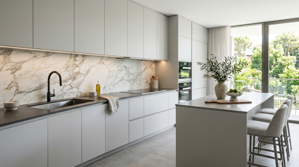 Grey Kitchen Cabinets Modern light grey kitchen cabinets with a full-height marble backsplash and an integrated sink in a seamless luxury kitchen.