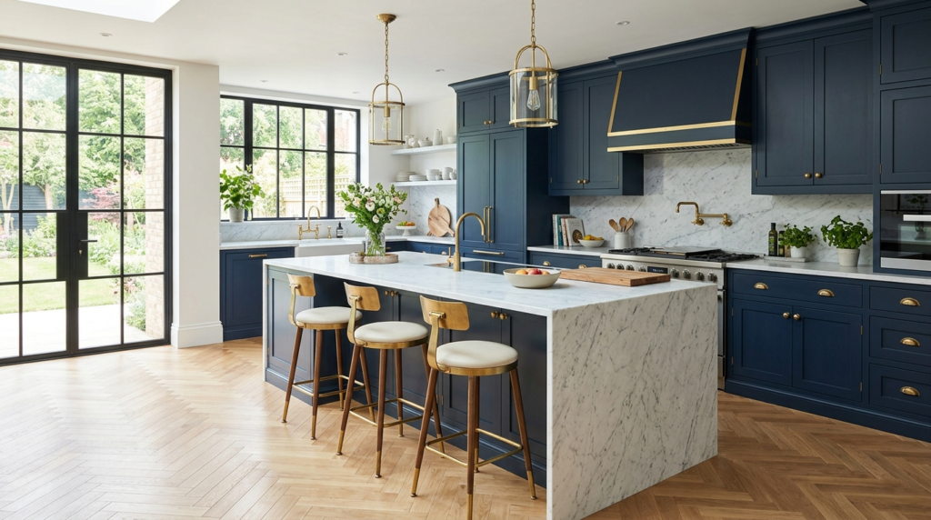 Blue Kitchen Cabinets Navy blue kitchen cabinets with a quartz island