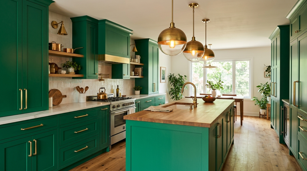 Colored Kitchen Cabinets Emerald green kitchen cabinets accented by brass handles and pendant lighting