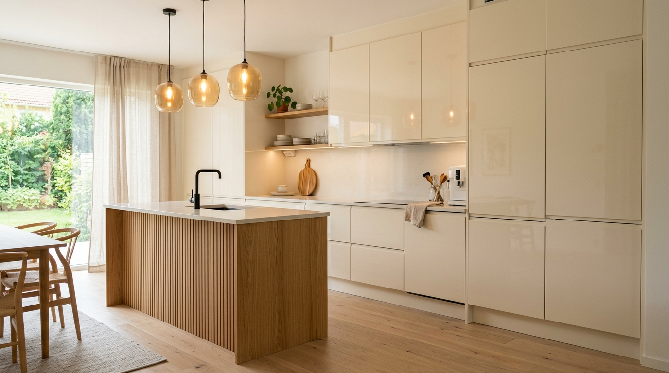 High Gloss Kitchen Cabinets Cream high gloss kitchen cabinets, soft warm lighting, Scandinavian feel