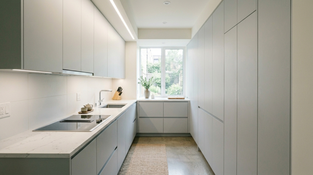 Frameless Kitchen Cabinets Minimalist frameless kitchen cabinets in a galley layout with pale grey full-overlay doors